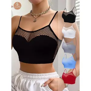 Women's Solid Contrast Mesh Wireless Bra, Adjustable Strap Bralette, Soft Comfortable Breathable Lingerie for All Seasons