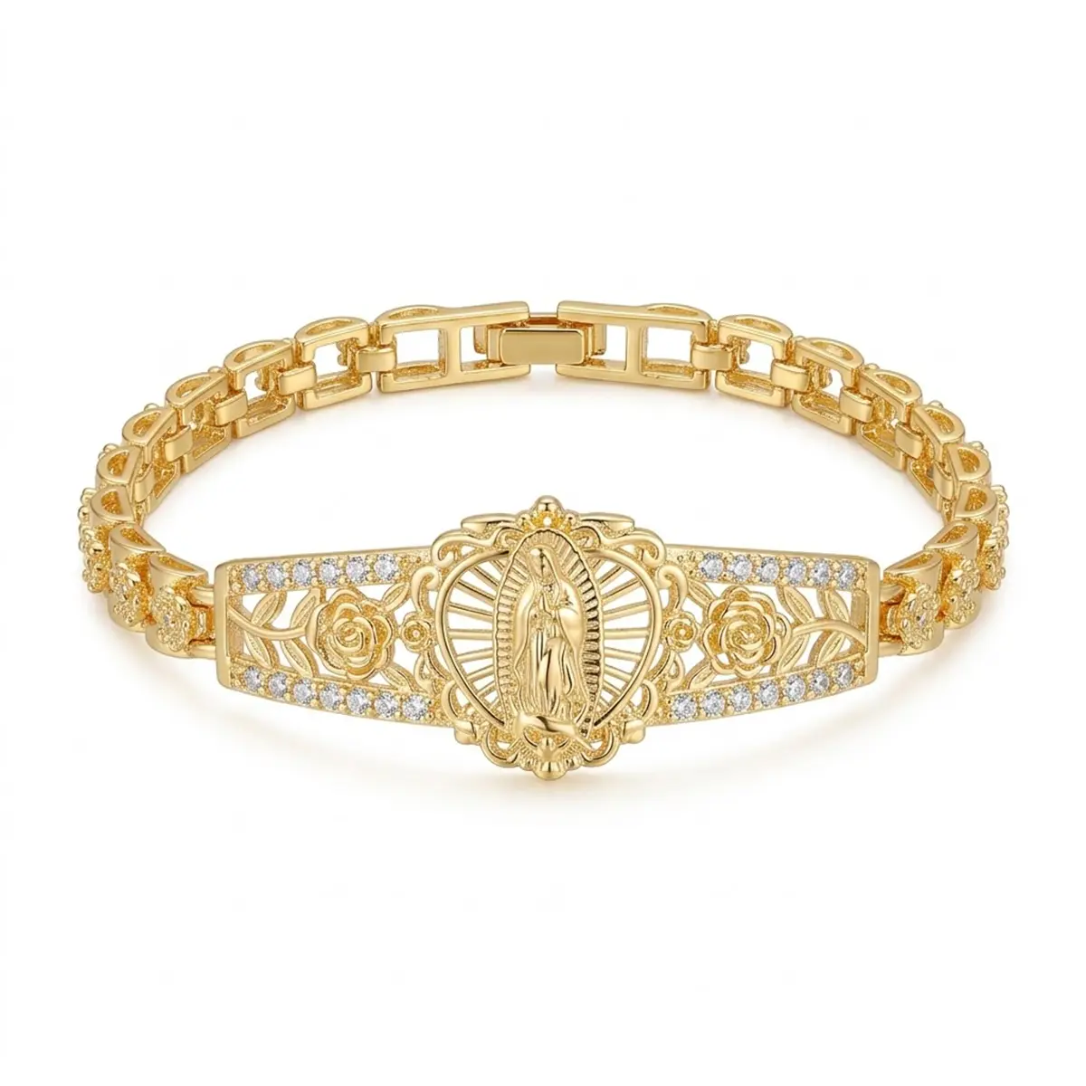 Women's gold-plated bracelet, fashionable jewelry, exquisite stainless steel cubic zirconia baptismal Virgin Mary bracelet, a perfect gift for her.