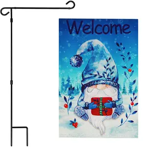 G128 Combo Pack: Garden Flag Stand Black 36 in x 16 in & Garden Flag Winter Decoration Welcome Festive Bearded Gnome with Parcel 12"x18" Double-Sided Blockout Fabric
