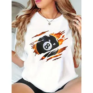 Women's Flaming 8 Ball Graphic T-Shirt - Billiards Enthusiast Casual Tee for Game Nights & Pool Lovers 100% Cotton T-shirt