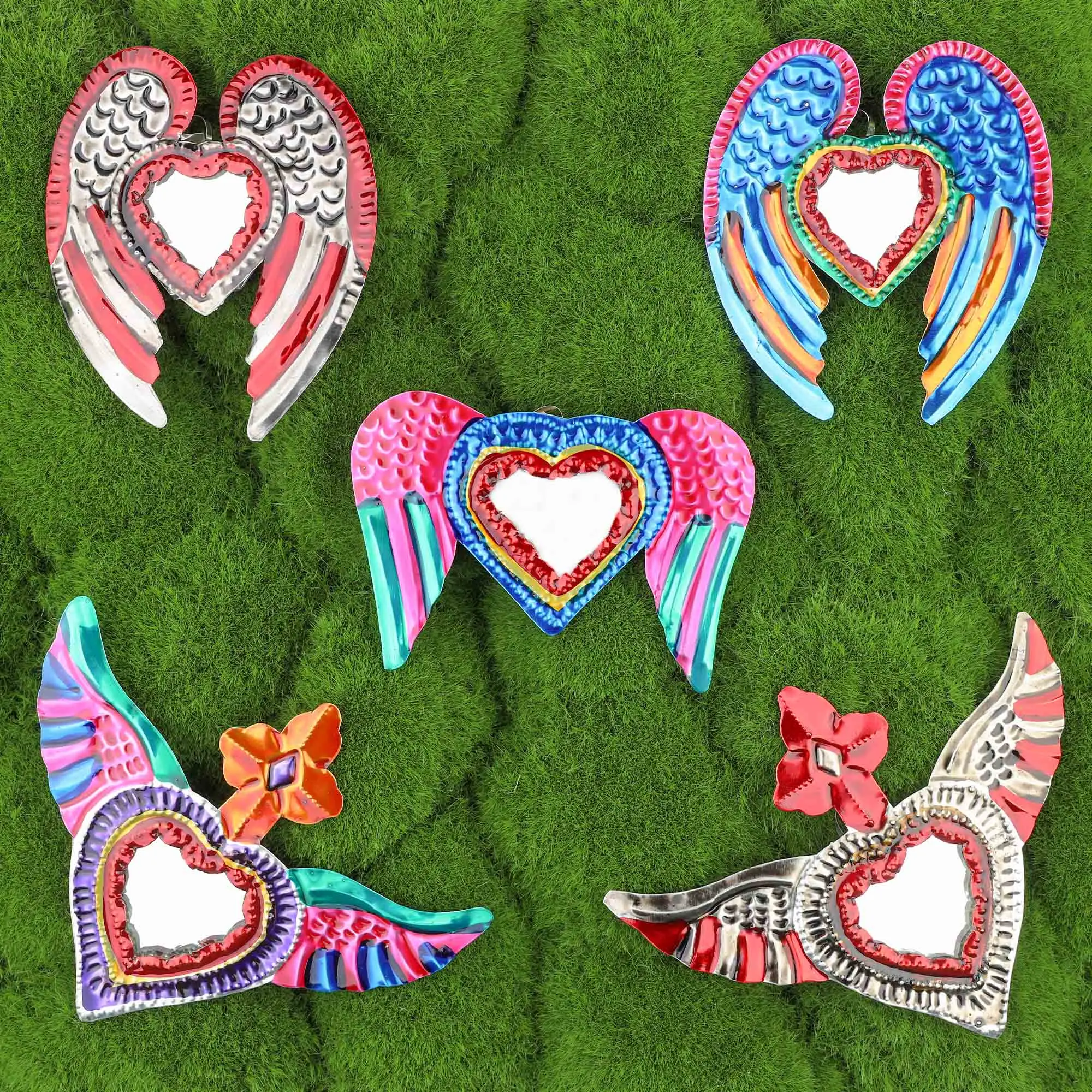 Decorative Makeup Mirror, Hand-Painted Mexican Milagro Art, 5.5-Inch Tin Heart with Wings Wall Decor, Whimsical Home Decor, Cultural Charm, Winged Hearts, Hook On Back, Hand Mirrors, Aluminum Base, Lightweight Aluminum, Symbolic Significance, Handcrafted,