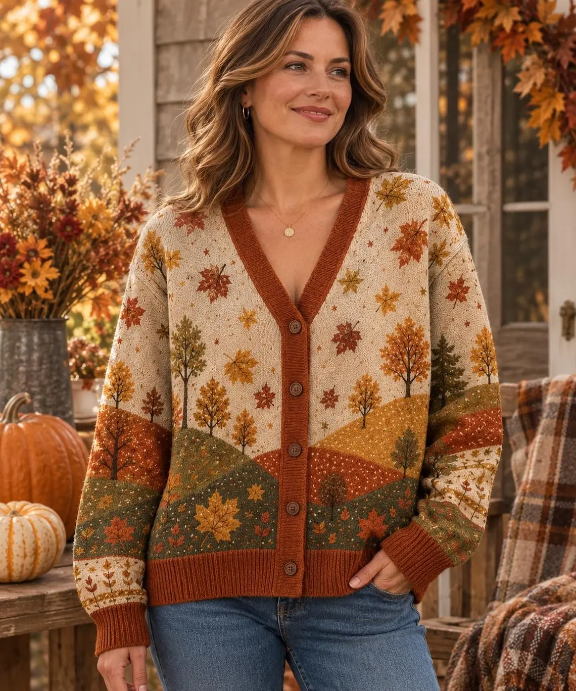 Autumn Cardigan for Women, Fall Leaves Sweater, Cozy Fall Knit Cardigan, Autumn Tree Sweater, Thanksgiving Gift, Cottagecore Fall Outfit