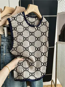 Spring/Summer bohemian style crew neck sleeveless hollow-out color-block trim geometric diamond print women's knitted top, summer vest cardigan, bikini cover-up, Soft Breathable Vest