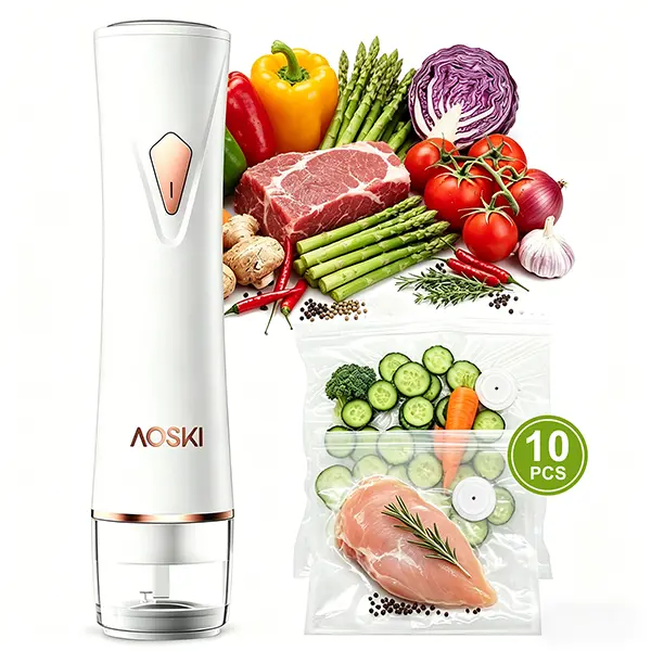 AOSKI Handheld Vacuum Sealer - Spill-Proof, Food-Grade, Easy to Clean, Automatic & ManualModes, Includes 10 Reusable Bags, Creates a Vacuum toKeep Meat, Fruits, Nuts & Herbs Fresh,