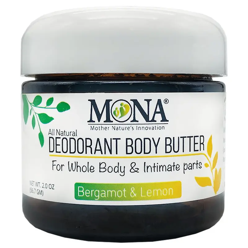 MONA All Natural Deodorant Body Butter for Whole Body & Intimate Parts | Deodorant Cream for Women, Men, and Teens | Aluminum Free | Bergamot & Lemon 2 oz