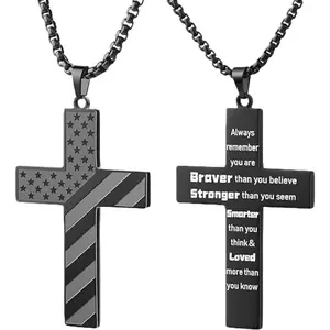 American Flag USA Stars & Stripes Cross Necklace for Men, Stainless Steel Pendant, Sweater Chain, Christmas Gift