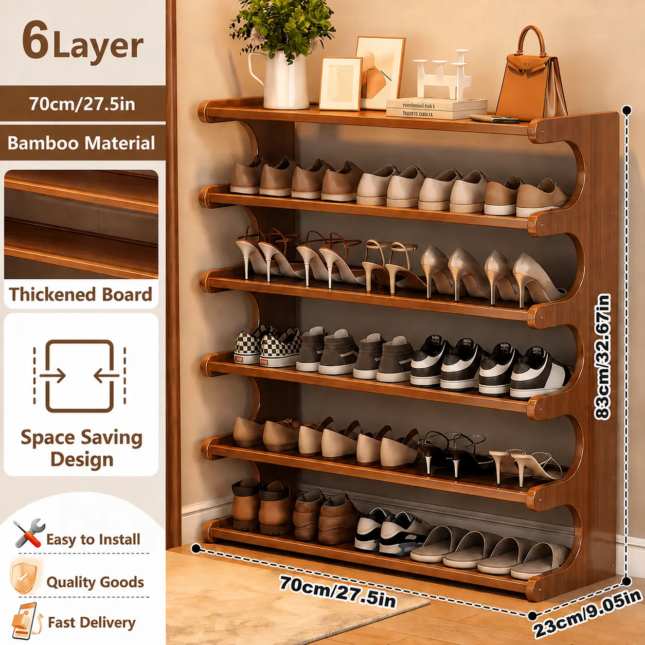Space-saving 5/6-tier shoe storage rack, bamboo shoe organizer, holds 6/15/24 pairs of shoes, easy to assemble, suitable for front door entryways and hallways (great Christmas gift choice).