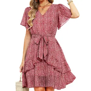 CiCiBird Womens Flattering V Neck Tie Waist Summer Dress Flutter Sleeve Ruffle Flowy Floral Beach Vacation Dress Layered Boho Mini Sun Dress