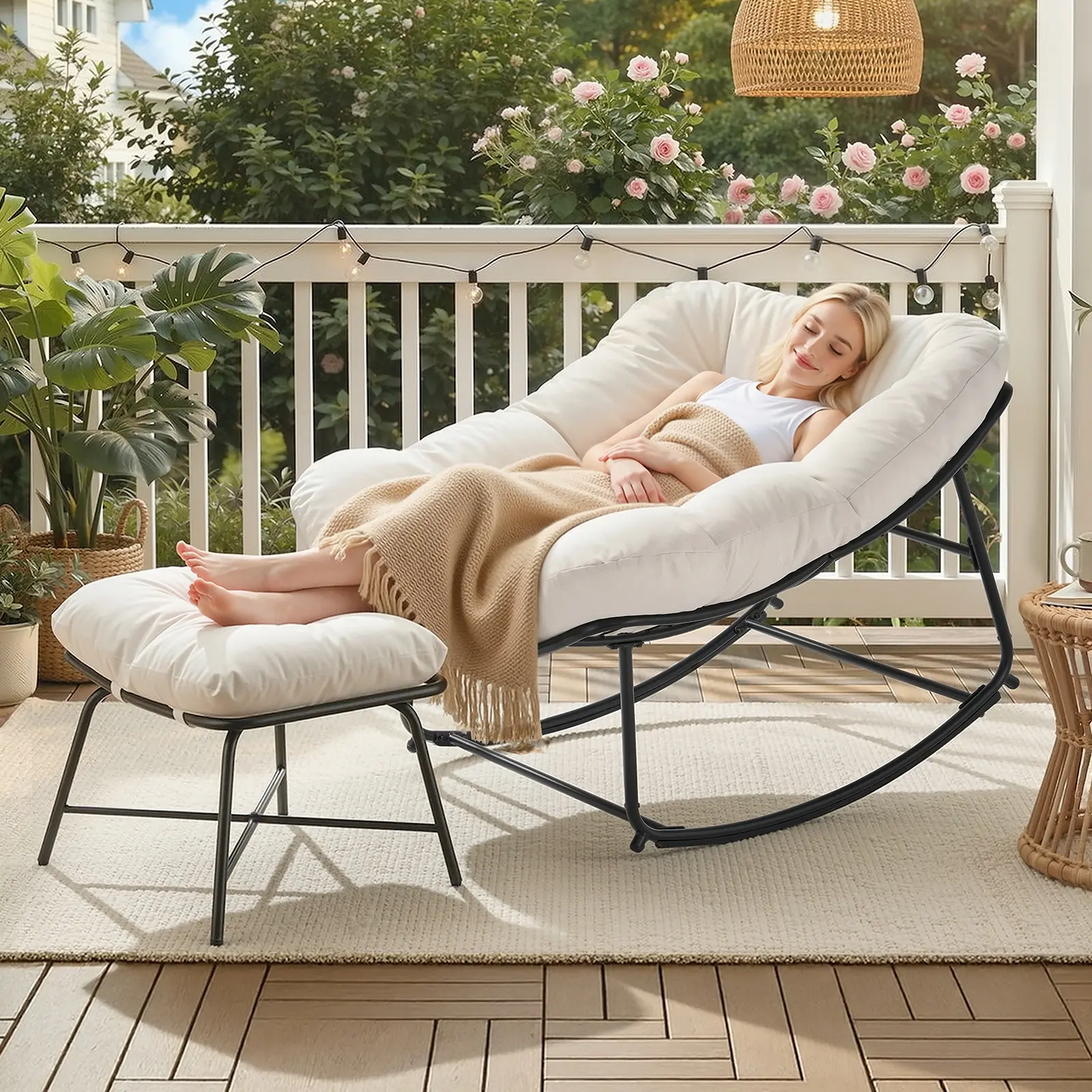 ONBRILL Modern Outdoor Papasan Rocking Chair with Ottoman, Beige Metal Frame 46x39x33" Oversized Lounge Rocker with Padded Cushions for Porch, Patio