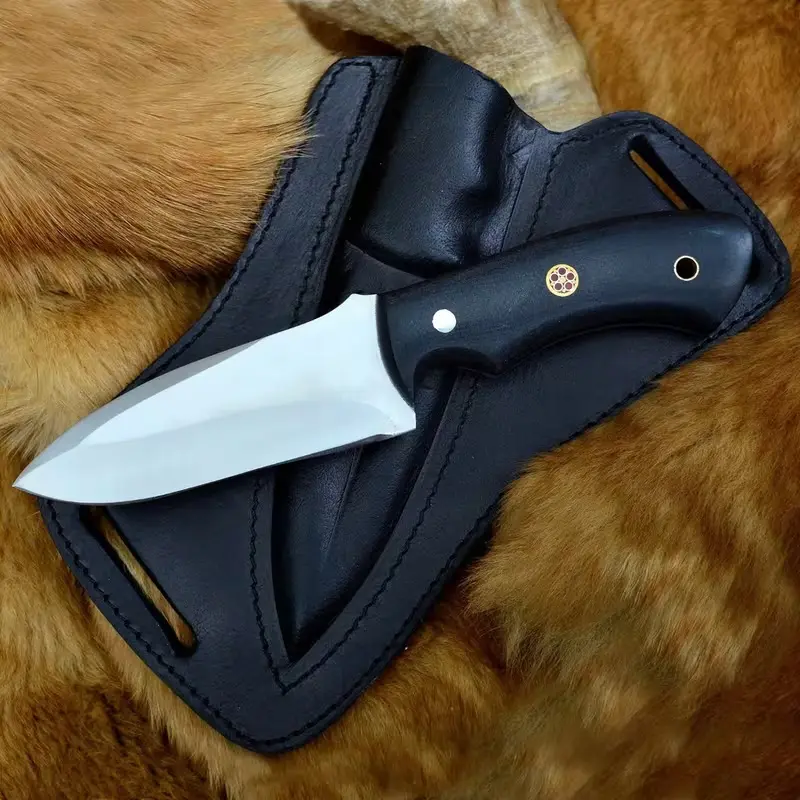 Full Tang Hunting Knife 1095 Carbon Steel & Black Micarta Handle – Blacksmith Made Camping Knife with Leather Sheath