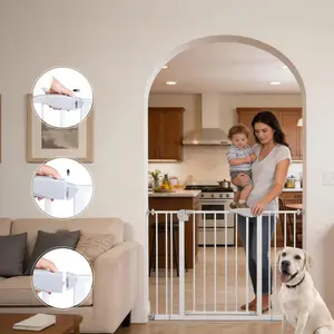 Double door baby safe gate for stairs & doorways,adjustable 75-115 cm(29.53''-45.3''),walk through safety gate with extension kits,auto close,pressure mounted,white metal child & pet gate