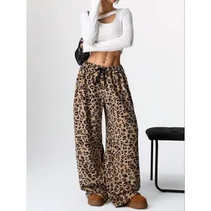 Women's Fashion Loose Leopard Print Long Pants, Straight Leg Wide Leg Trousers, All Season Slim-Fit Casual Wear
