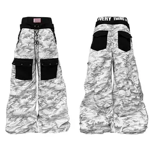 Plus Size Vintage Unique Double-Waist Patchwork Dirty Wash Camouflage Denim Jeans for Women - Fall Stacked Relaxed Wide-Leg Pants,Unisex