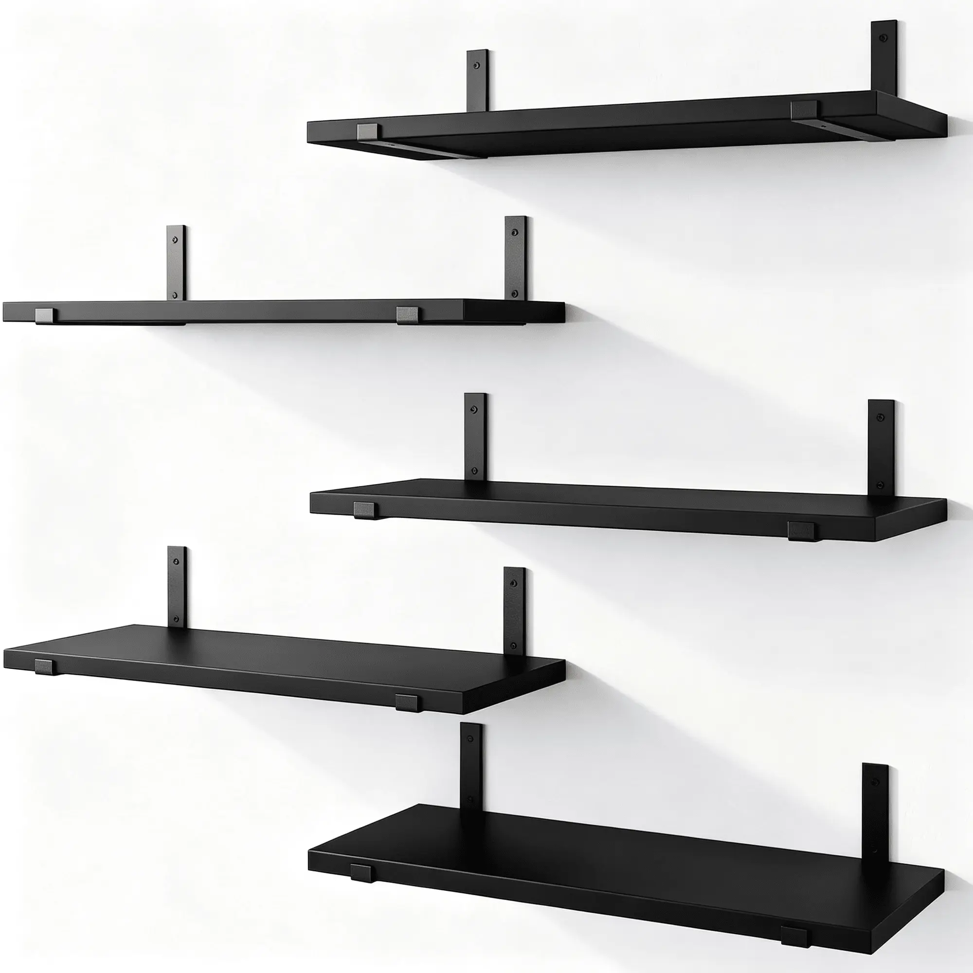 5-Pack Black Floating Shelves for Wall, 15.75 in Paulownia Wood Storage with Metal J-Brackets for Bedroom, Bathroom, Kitchen & Living Room
