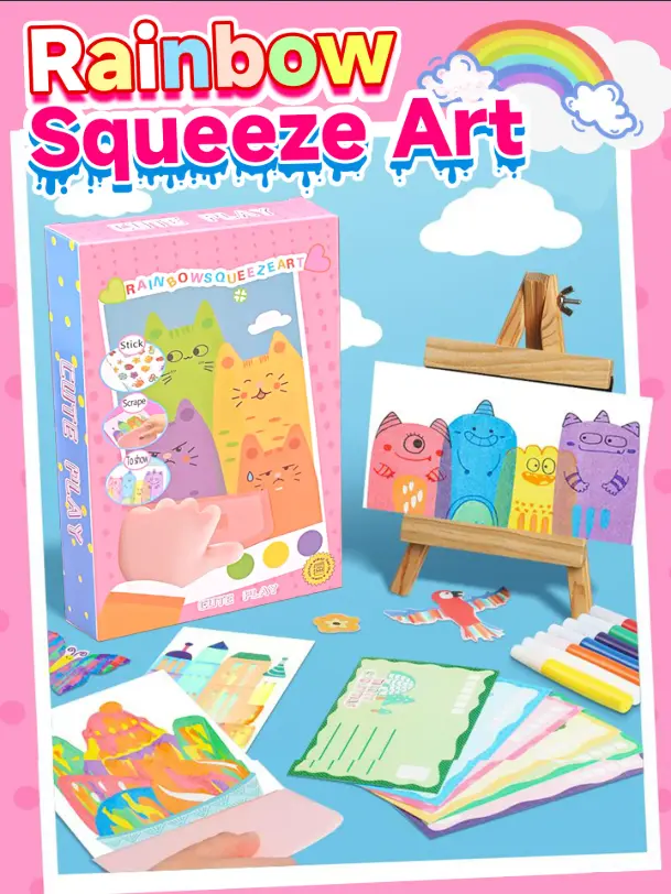 Rainbow Squeeze Scratch Art Kit for Kids | DIY Painting Set with 20 Drawing Papers, 7 Acrylic Paints, 6 Watercolor Markers, Stickers & Squeegee Board, Ideal Craft Gift for Children