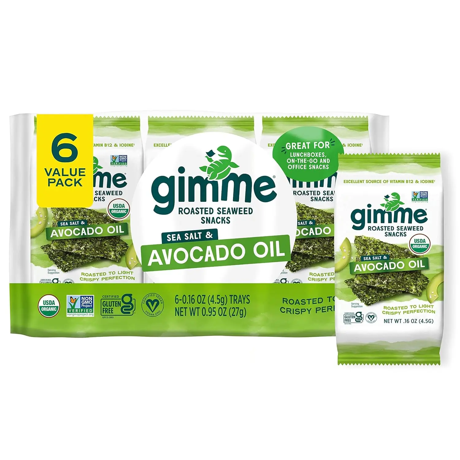 Gimme Seaweed Organic Premium Roasted Seaweed Snacks, Sea Salt & Avocado Oil, 6 Count, Keto, Vegan, Gluten-Free, Great Source of Omega3s and Iodine, Healthy On-The-Go Snack for Kids and Adults