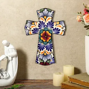 Hand-Painted Mexican Ceramic Cross Wall Decor, Vibrant Floral Pattern with Artificial Wood Frame, Indoor Religious Decoration, Stylish Religious Decor
