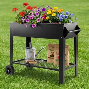 39" Outdoor Raised Garden Bed with Lockable Wheels & Shelf, Heavy-Duty 400 Lbs Steel Planter Box for Growing Vegetables & Herbs on Patio, Balcony or Backyard