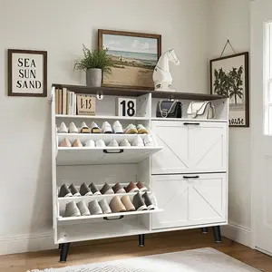 White Wooden Shoe Storage Cabinets for Entryway, Farmhouse Slim Shoe Cabinet with 4 Flip Drawers and Open Storage, Freestanding White Shoe Drawer Cabinet for Hallway,Foyer
