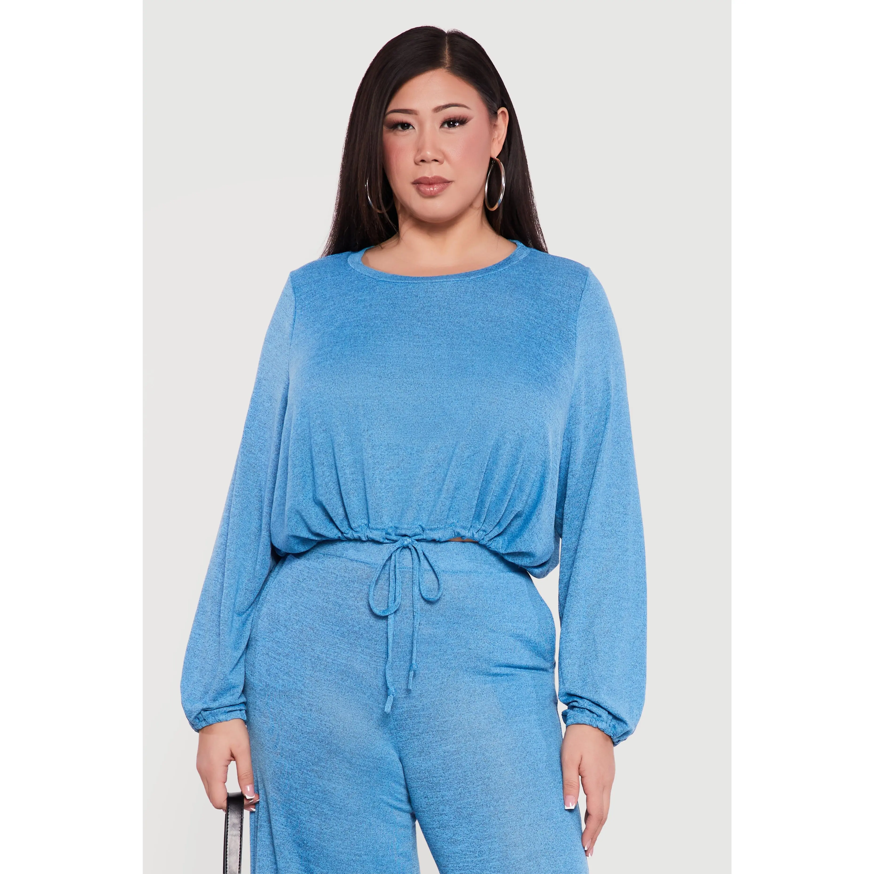 Plus Size Drawstring Hem Long Sleeve Crop Top