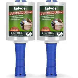 2-Pack Industrial Mini Stretch Wrap Film 80 Gauge 5.1" 1000ft, Self-Adhering Clear Hand Stretch Wrap with Plastic Handle for Packing, Shipping, Moving & Pallet Bundling