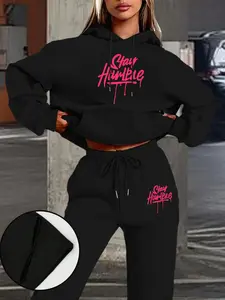 Women's Stay Humble Two Piece Tracksuit - Black Crop Top Hoodie & Pants Set with Trendy Pink Graphic Casual Trendy Outfit Sweat Suit Set