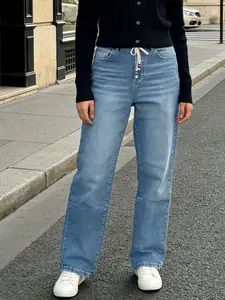 Muslim Women High Waist Drawstring Straight Leg Denim Jeans Pants, Casual Elastic Fabric Long Pants for All Seasons, Perfect for Dating Outdoors