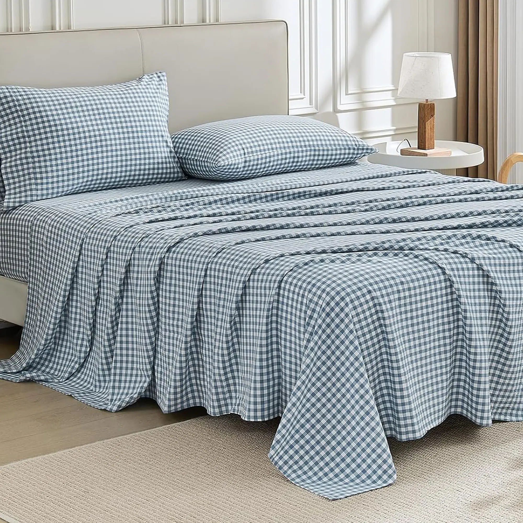 Gingham Sheets Set: 100% Washed Cotton, Linen-Like Texture, Breathable and Soft, 3/4-Piece Set, Plaid Checkered Bed Sheets, 15" Deep Pocket,Twin/Twin XL/Full/Queen/King/California King, Bedding Sets,Gingham Farmhouse Bedding