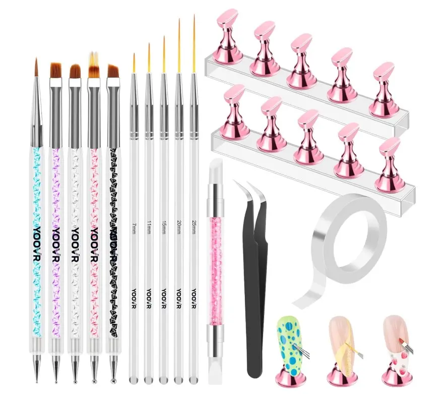 Nail Art Tools Set, Nail Stand for Press on Holder for Painting Nails, Nail Art Brushes and Dotting Tools, Nail Design Tools Supplies, Gel Polish and Builder Brush, French Tip Brush, Liner Brush