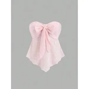 Sweet Textured Fabric Knot Front Strapless Top Y2K Style Clothing