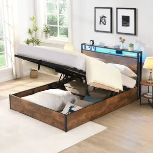 Rustic Brown Queen Size Wooden Platform Bed Frame - Lift-up Storage, Bookcase Headboard, LED Lights, Charging Station, No Spring Box Needed