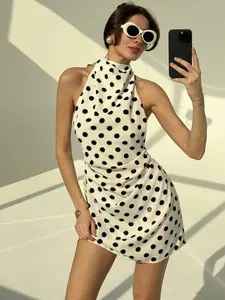 Elegant Polka Dot Mini Dress, Backless Tie-Back Design, Slim Fit Pleated, Minimalist Commuter Style, Women's Fashion Dress