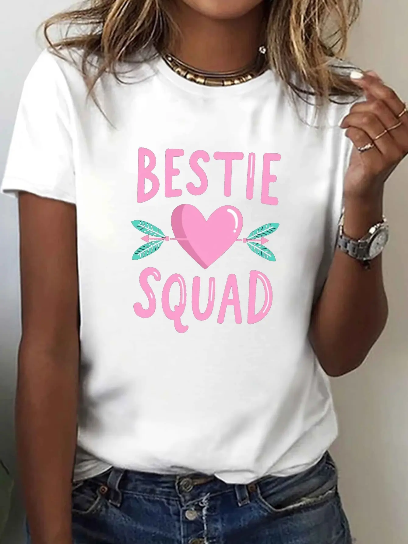 BESTIE SQUAD with Heart and Arrows Print T-shirt, unisex soft cotton short sleeve t shirt, vintage graphic casual tee for men women teens, perfect birthday holiday gift for camping travel gym daily street casual wear