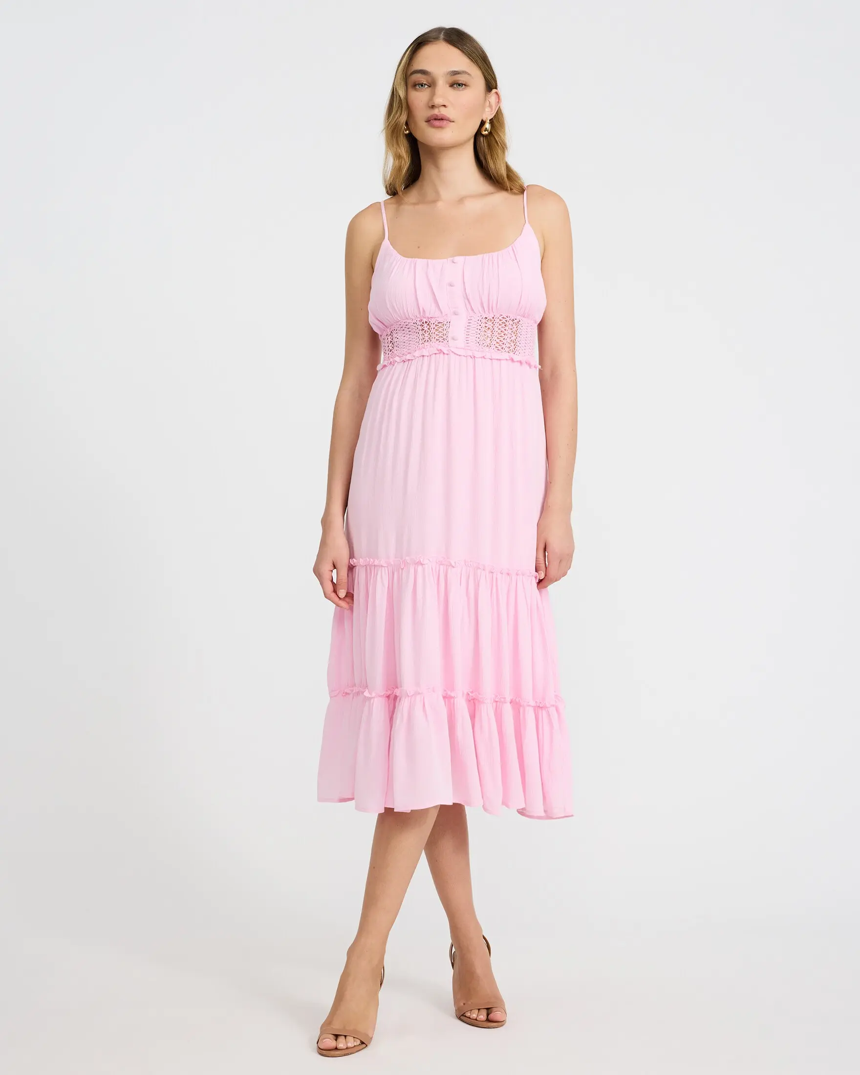 Express Scoop Neck Button Front Smocked Back Tiered Midi Dress