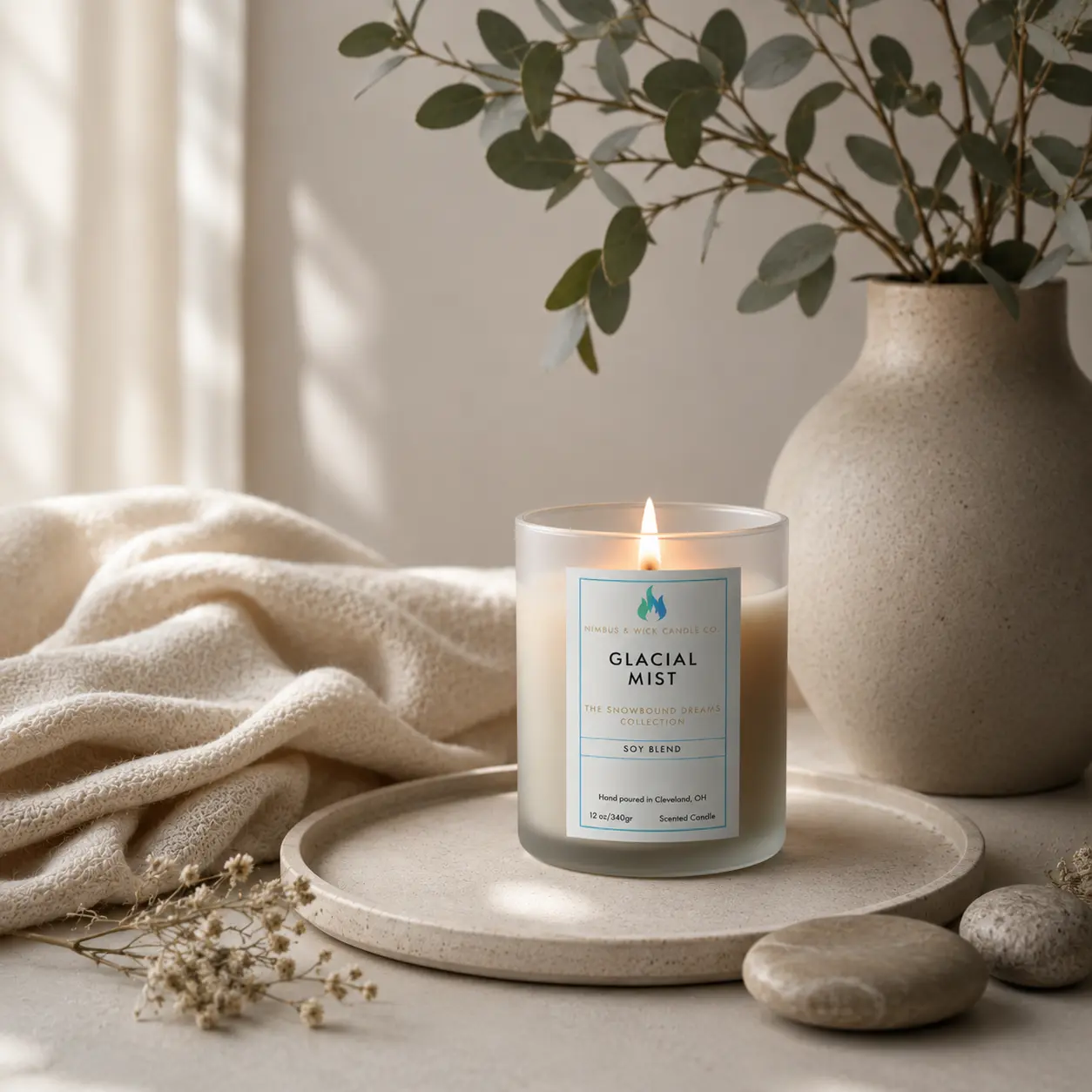Nimbus & Wick Candle Co. Glacial Mist Scented Candle from The Snowbound Dreams Collection Soy Blend Phthalate-free Hand-Poured Cozy Creamy Fragrance 12 oz 3-wick 16 oz Platinum Snow Color Option