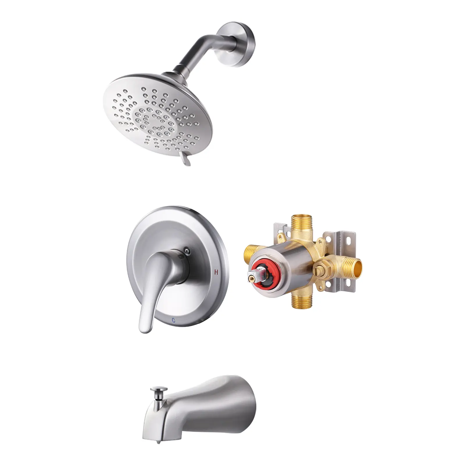 WOWOW Single-Handle Copper Tub and Shower Faucet - 5-Mode Showerhead, 5 Modes, 2.2 GPM, Adjustable Spot Defense Brushed Metal Finish (Rust Prevention, Scratch Reduction), 5.38 in. Tub Spout, Self-Install Valve, Removable Water Flow Regulator