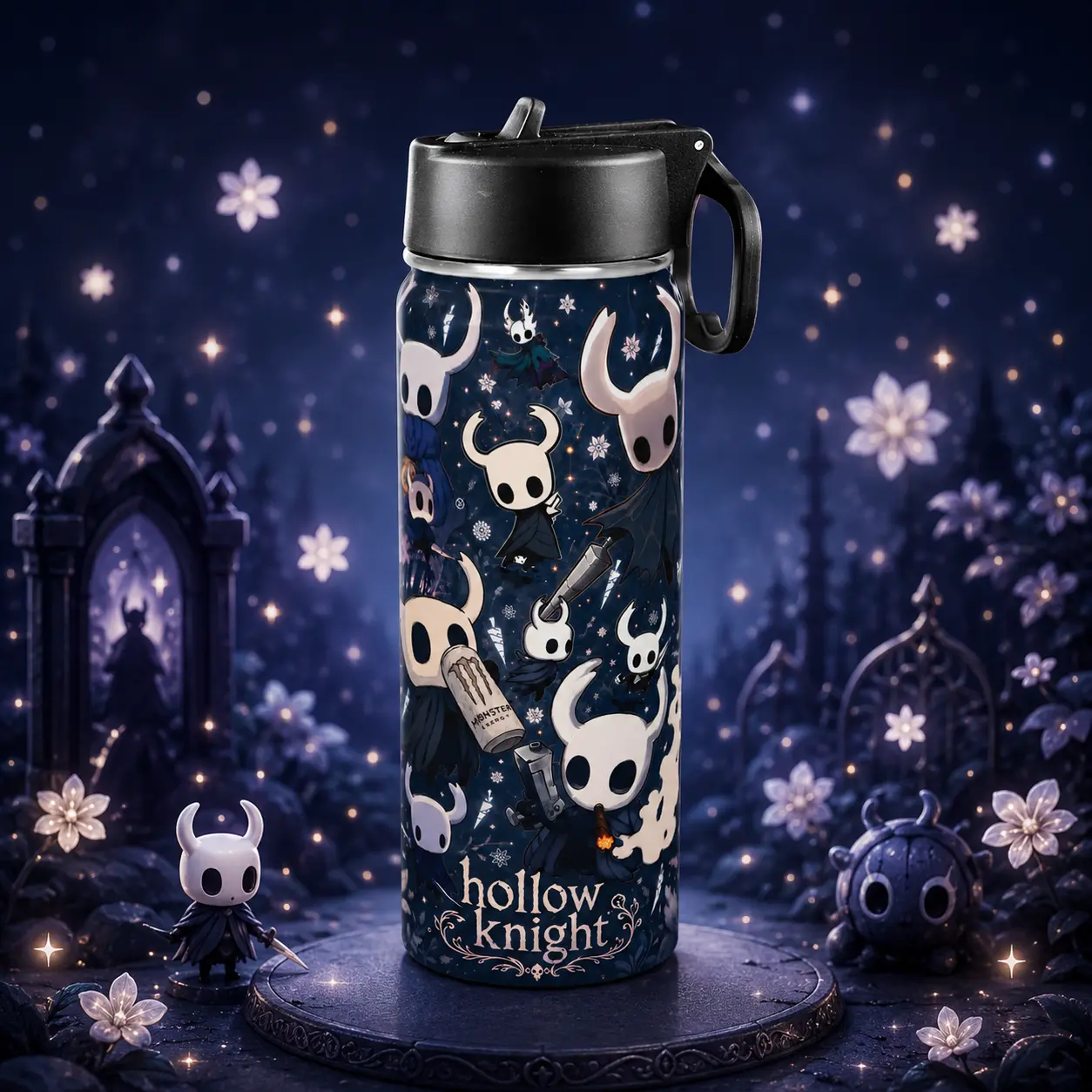20oz Insulated Stainless Steel Tumbler - Hollow Knight Aesthetic Water Bottle with Foldable Straw & Handle, Leak-Proof Vacuum Flask for Hot/Cold Drinks, Gift-Ready for Office & Commuting (Tumbler Aesthetic Vacuum Flasks), Portable