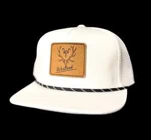 White “WT Elk Skull” 5-Panel Flat Brim Trucker Hat – Hand-Drawn Elk Logo & Leather Patch | Western Hunting Hat | Westrek