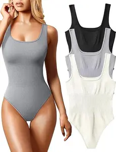 Women's 3 Piece Bodysuits Sexy Ribbed Sleeveless Square Neck Tank Tops Leotard Trendy Outfits