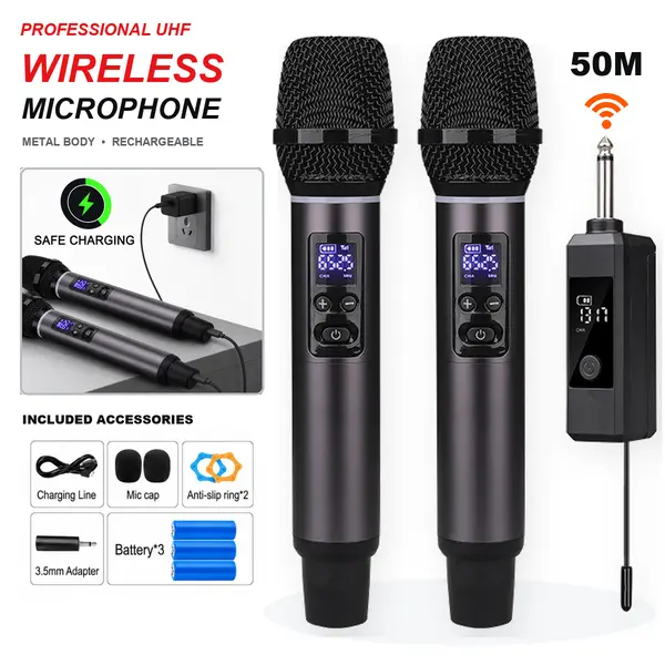 Professional UHF Wireless Handheld Microphone Rechargeable Cordless Microphone with Metal Body Adjustable Frequency and Volume Plug and Play Stable Signal for Karaoke Singing Stage Performance Events and Speeches