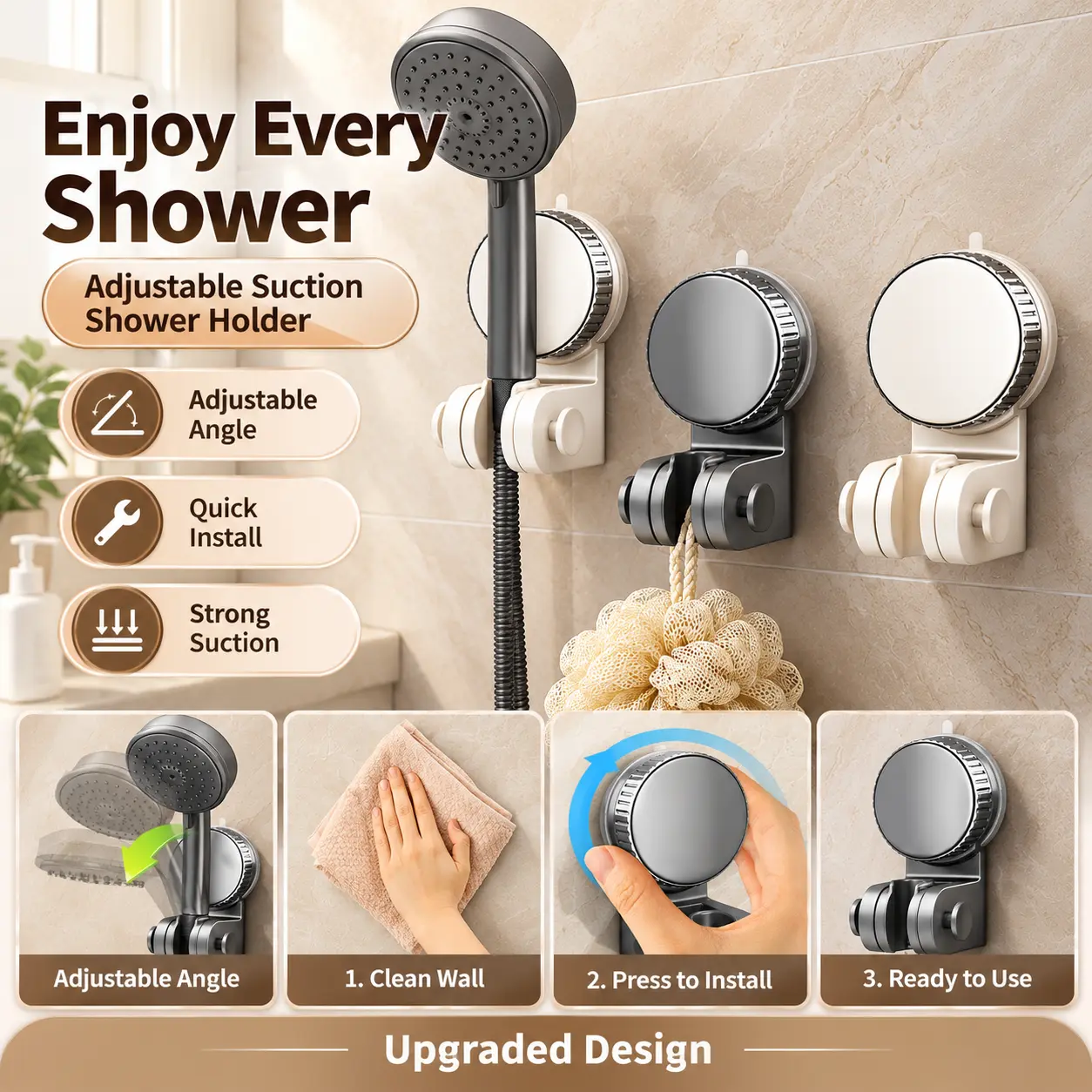 No Drill Suction Cup Shower Head Holder, Removable Bathroom Shower Bracket, Adjustable Handheld Shower Base