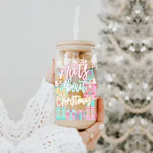 Nutcracker Mug Pink | Nuts About Christmas Glass Cup | Pink Nutcracker Soldier Coffee Mugs with Snowflakes