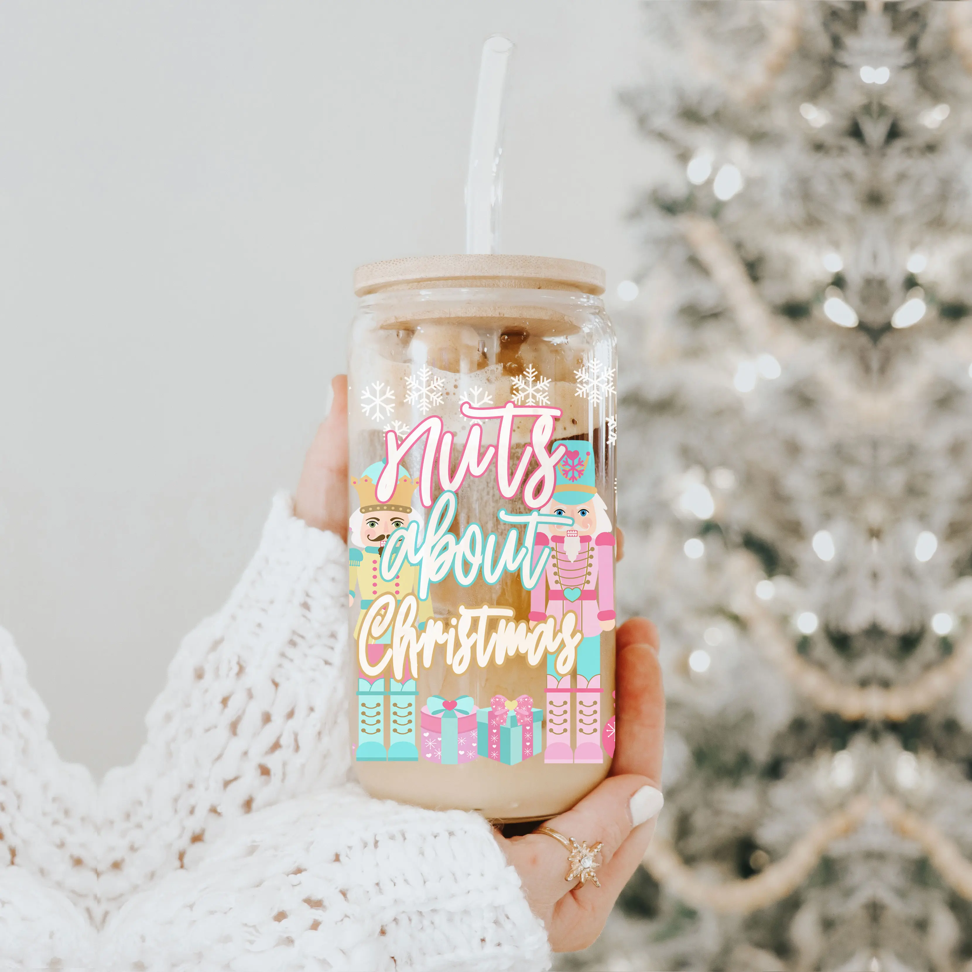 Nutcracker Mug Pink | Nuts About Christmas Glass Cup | Pink Nutcracker Soldier Coffee Mugs with Snowflakes