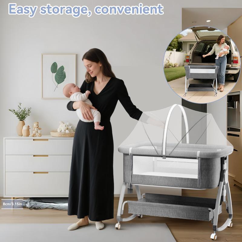 Premium 3 in 1 Baby Bassinet Bedside Sleeper for Newborn 0–6 Months, Height Adjustable Portable Crib with Wheels, Breathable Mesh, Mosquito Net, Mattress & Storage Basket foldable cot new gifts folding bed sidesleeper design