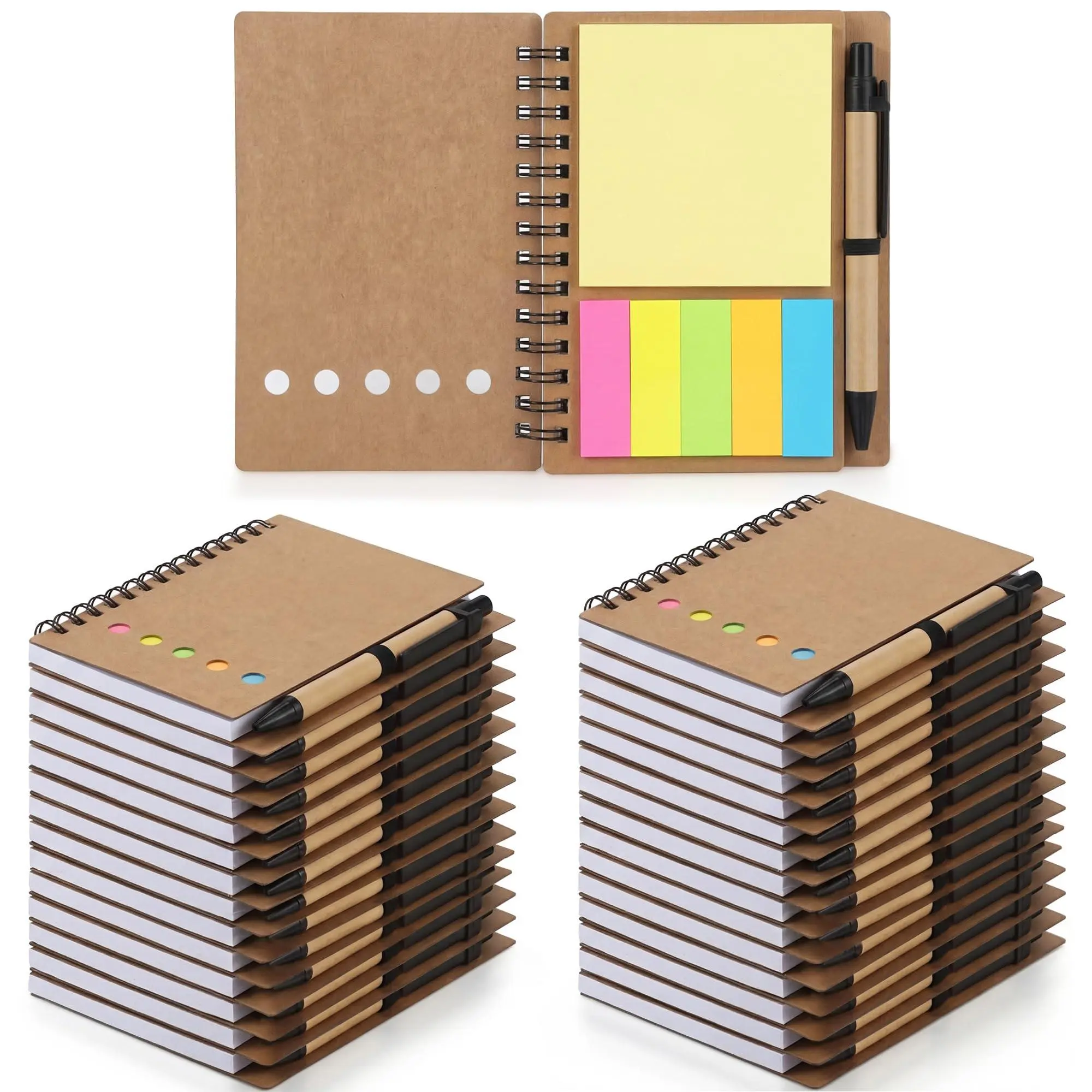 30PCS Rectangular Pocket-Size Lined Pages Spiral Notebook Set - 13x10cm Kraft Paper Cover with Elastic Band, Eco-Friendly Ballpoint Pens, Sticky Notes, 5-Color Bookmarks, Pre-Assembled Portable Notepads