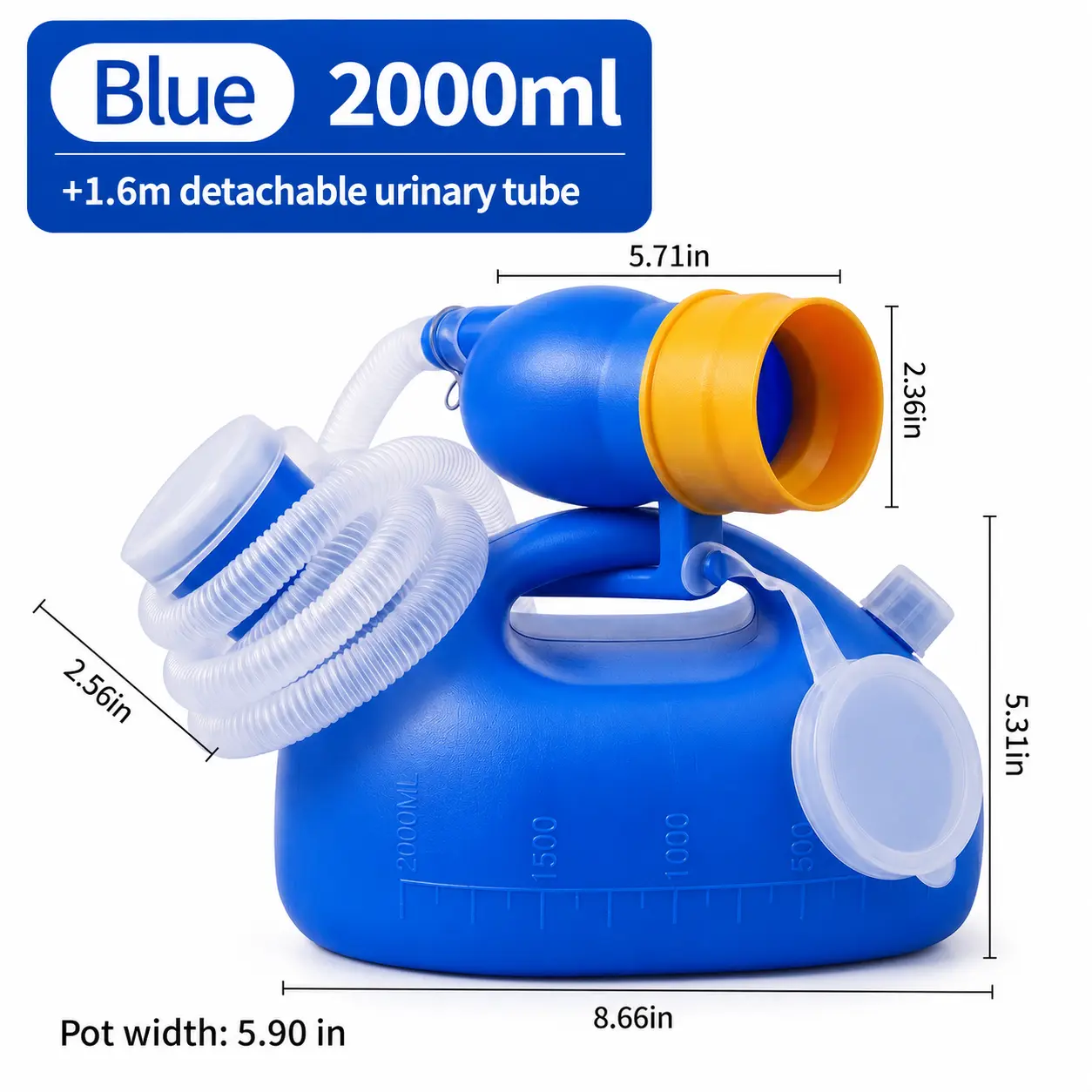 Unisex 2000ML Portable Emergency Urinal Bag, 62.99in Extendable Catheter, Soft Silicone Interface, Odor-Resistant for Camping, Travel & Elderly Care
