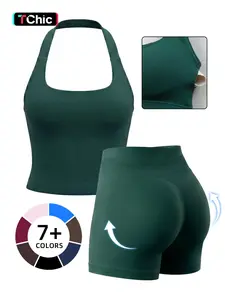 Women's Yoga 2-Piece Set, Breathable Sporty Halter Top & High-Waisted Seamless Butt-Lift Shorts, Plain Color Athletic