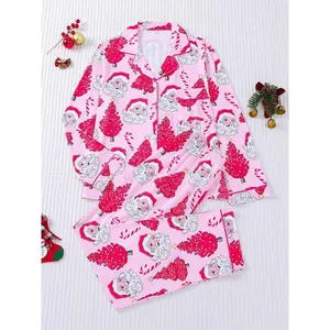 2-piece set of stars, Christmas trees, candy canes, Santa Claus, comfortable Halloween soft top, small pocket button top, elastic waistband, suitable for all seasons, home, sleepwear, clothing