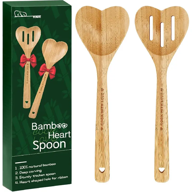 Engraved Hanging Bamboo Heart-Shaped Cooking Spoons Set - 2 Pieces Wooden Cooking Tools, Mother's Day Gift for Mom, House Warming Present for Hostesses, Natural Bamboo