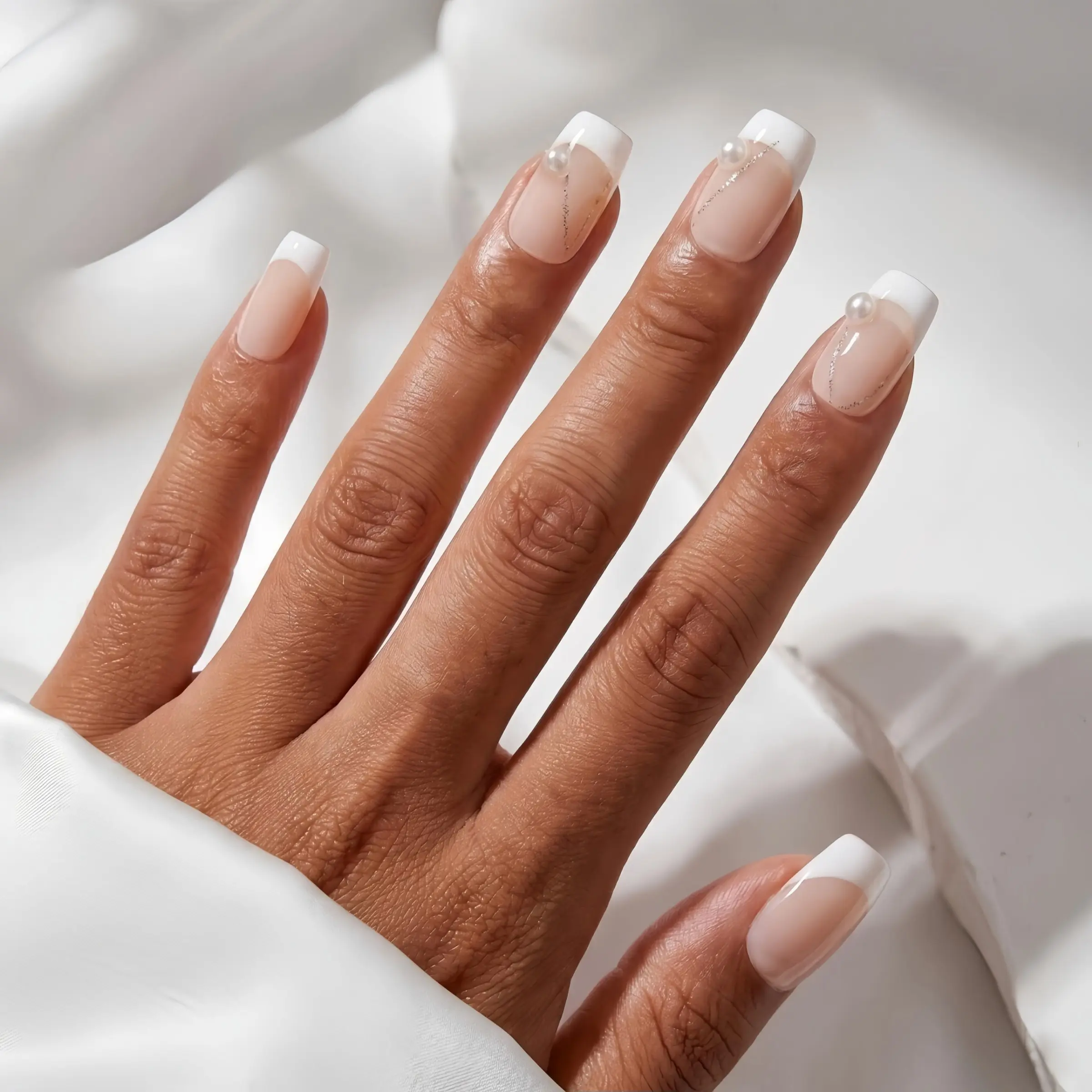 Pearl Glint Handmade Press‑On Nails | Short Square Shape, 10pcs | Nude Base with Classic White French Tips, Silver Glitter Slant & Pearl Decor, Gentle Luxury Aesthetic, French Nail Art | Daily Commute Wear, Reusable False Nails, Artificial Nails